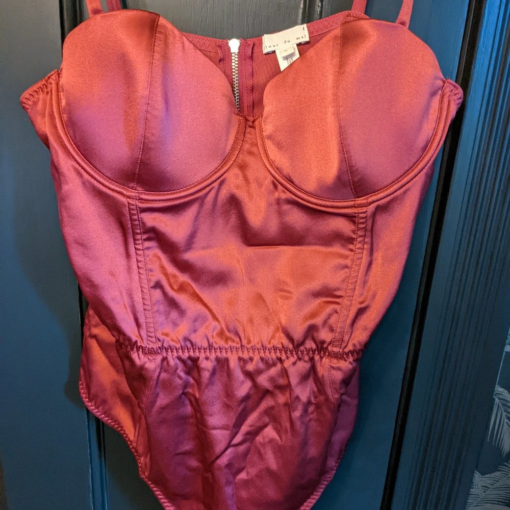 New Fleur du Mal Silk Satin Bullet Bodysuit Merlot/Pink/Reddish L